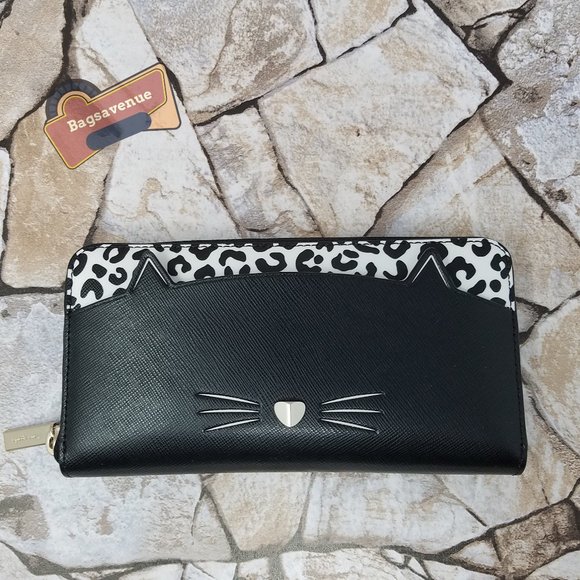 MEOW CAT LARGE CONTINENTAL WALLET WLR00593 NWT $239 BLACK WHITE KATE SPADE - Picture 1 of 6